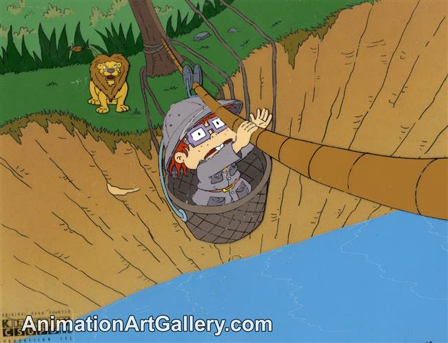 Production Cel and Production Background of Chuckie and a lion from Rugrats (1990s)