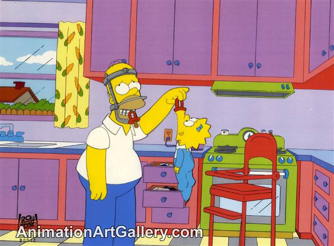 Production Cel of Homer Simpson and Maggie Simpson from Jaws Wired Shut
