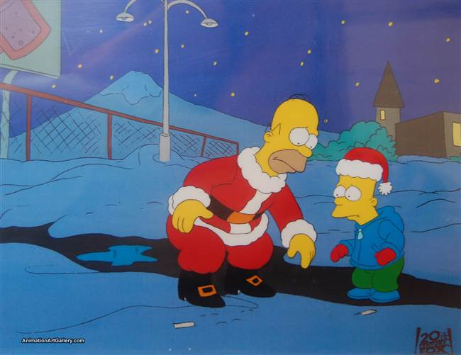 Production Cel of Homer Simpson and Bart Simpson from Simpsons Roasting on an Open Fire