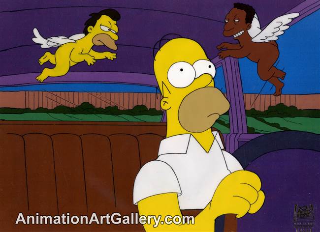 Production Cel of Homer Simpson and Lenny and Carl from The Last Temptation of Homer