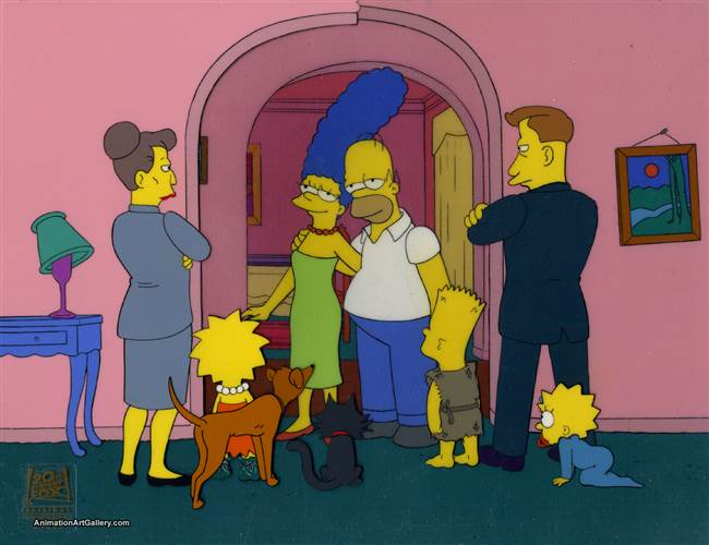 Original Production cel of the Simpson Family and two Social workers from Home Sweet Homediddily-Dum-Doodily