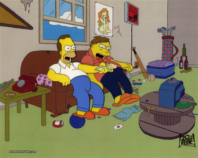 Original Production cel of Young Homer Simpson and Barney Gumble from I Married Marge