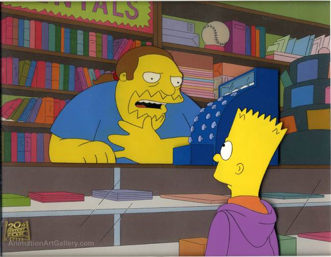 Original Production Cel of Comic Book Guy and Bart Simpson from Marge be not Proud