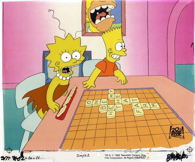 Original production cel of Bart and Lisa playing Scrabble from Bart The Genius (1990)