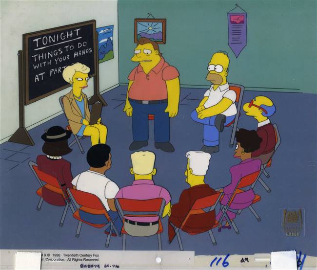 Original Production cel of Barney, Homer Simpson, and Lindsey Neagle from 
Days of Wine and D'oh'ses (2000)