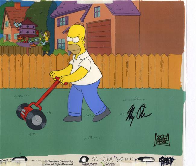 Original Production cel of Homer Simpson and Flanders from Dead Putting Society (1990)