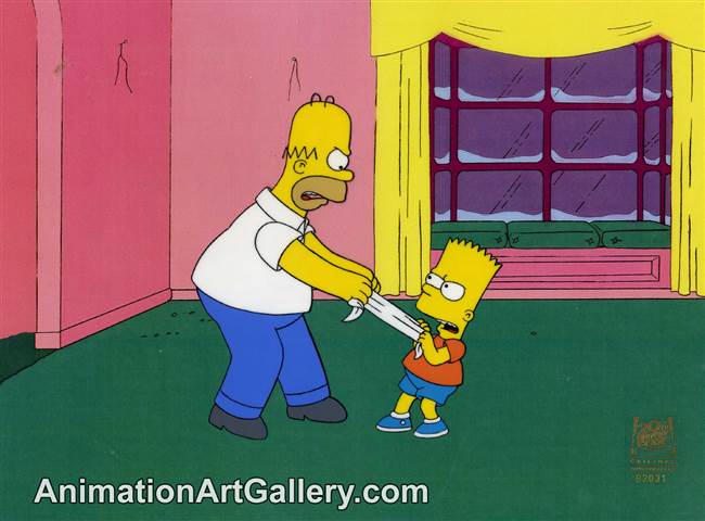 Production Cel of Homer Simpson and Bart Simpson from Miracle on Evergreen Terrace