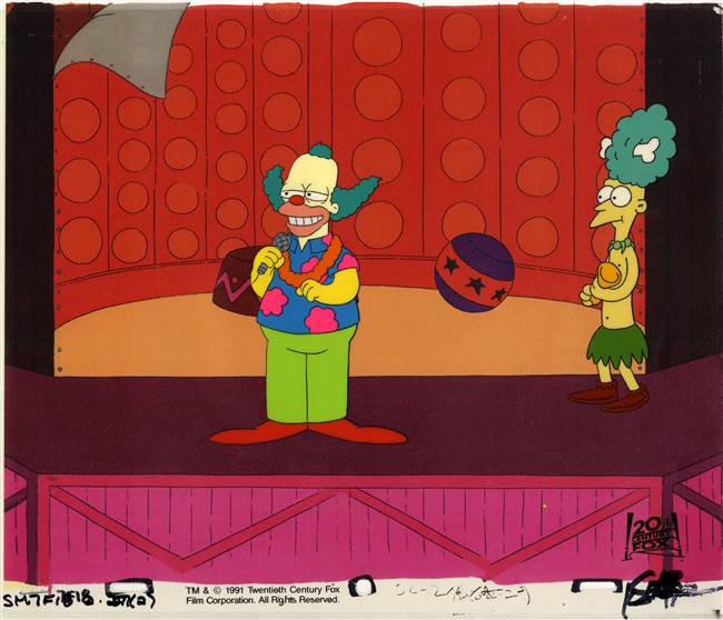 Original Production Cel of Krusty the Clown and Sideshow Mel from Brush with Greatness