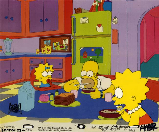 Original Production Cel of Homer, Maggie, and Lisa Simpson from Two Cars in Every Garage and Three Eyes on Every Fish (1990)