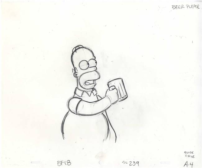 Original Production Drawing of Homer Simpson with a Beer from the Simpsons