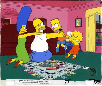 Original Production Cel of The Simpson Family Choking each other from Brawl in the Family (2002)