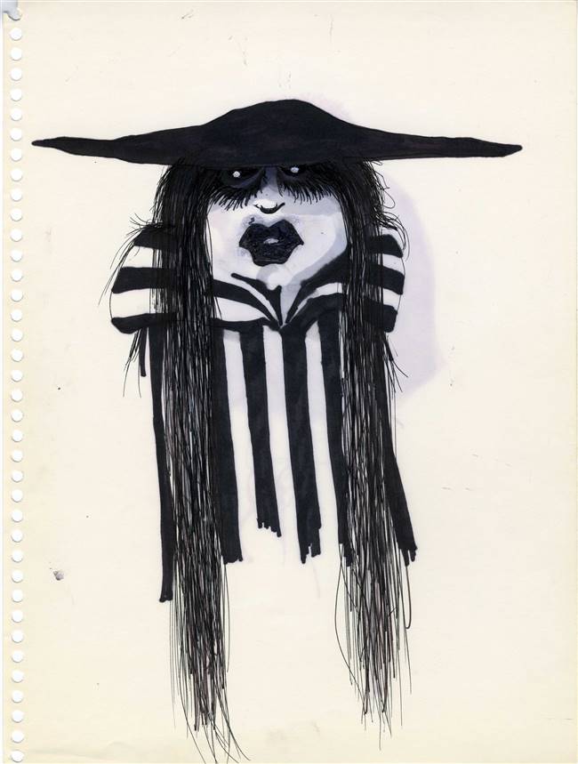 Character Drawing of Woman in Stripes with Hat from Tim Burton