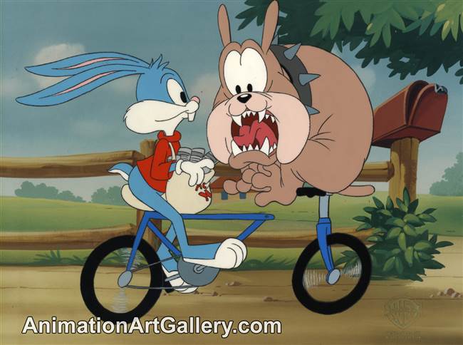 Production Cel with Matching Drawing of Buster Bunny and a dog from Tiny Toon Adventures