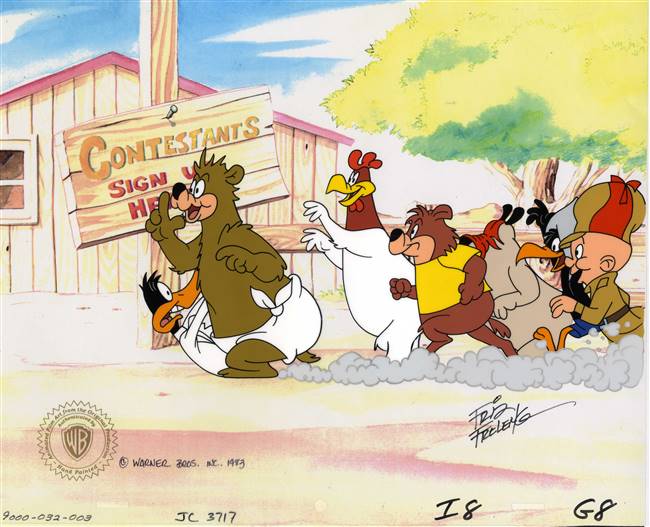Original Production Cel of Dafffy, Foghorn Leghorn, Elmer Fudd and Bears from Daffy Duck's Fantastic Island (1983) signed by Friz Freleng.