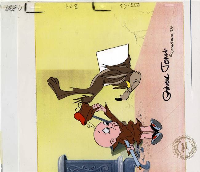 Original Production Cel of Wile E Coyote and Elmer Fudd from Looney Tunes (1980s) Signed by Chuck Jones