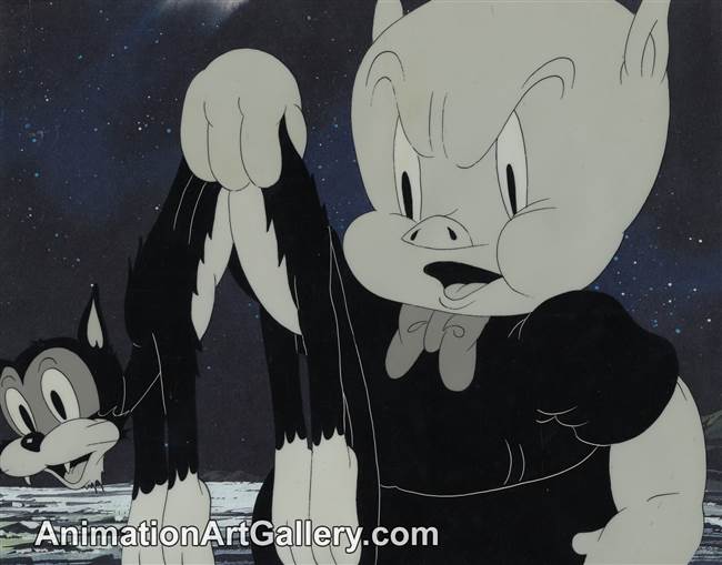 Production Cel of Porky Pig and a cat from Pied Piper Porky