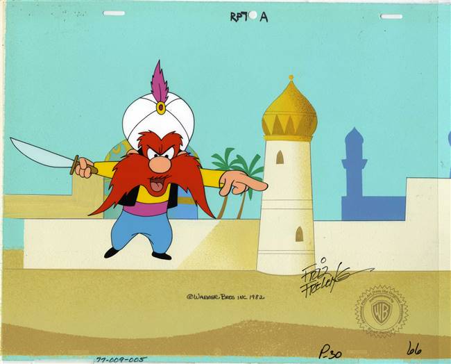 Original Production Cel of Yosemite Sam with a Production Background from 1001 Rabbit Tales (1982)