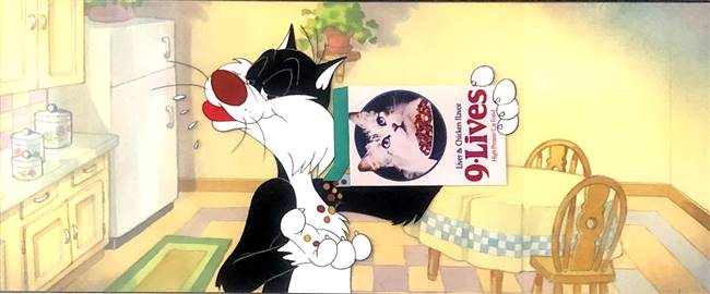 Original Production Cel and Production Background of Sylvester from a 9 Lives Commercial