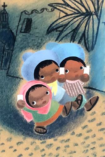 Original Concept art of 3 Children from Three Caballeros (1944) Attributed to Mary Blair