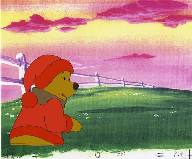 Original Production Cel and Production Drawing of Winnie the Pooh from Seasons (1981)