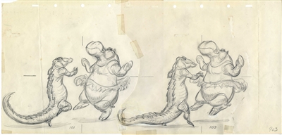 Original Production Model Drawing of Hyacinth Hippo and Ali Gator from Fantasia (1940)