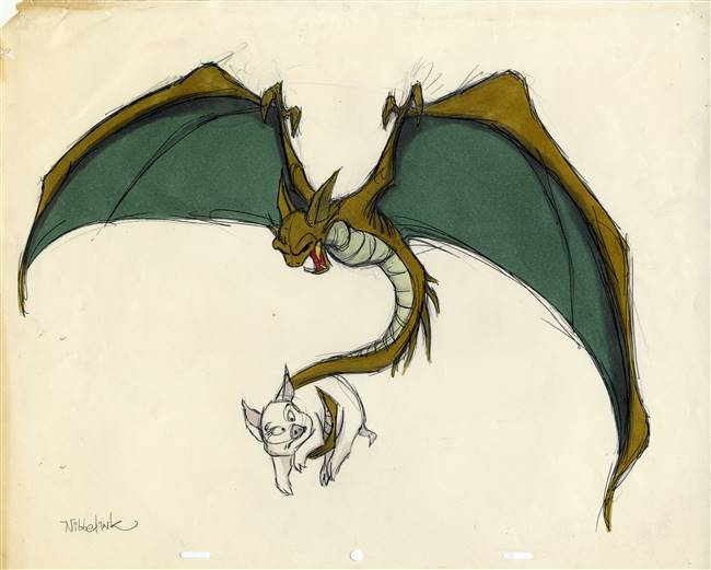 Original Production Model Drawing of Hen Wen and a Gwythaint from Black Cauldron (1985)