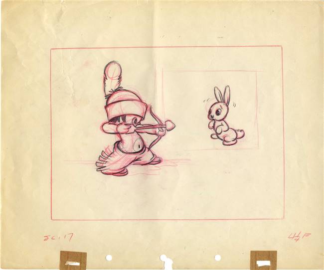 Original Production Drawing of Little Hiawatha and Bunny from Little Hiawatha (1937)
