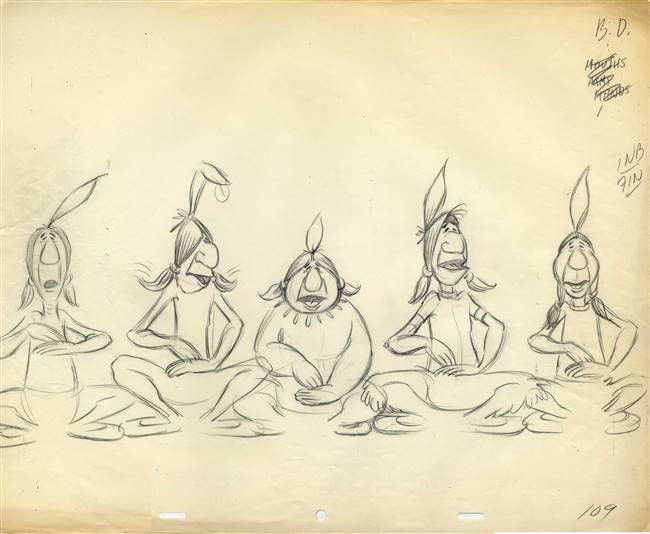 Original Production Drawing of The Neverland Indian Tribe (aka the Red Indians) from Peter Pan (1953)