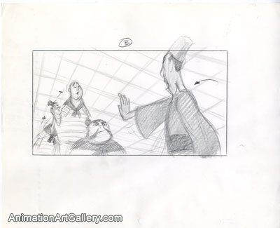 Storyboard of Chi Fu and Yao, Ling, and Chien Po from Mulan