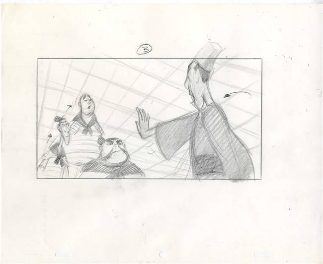 Storyboard of Chi Fu and Yao, Ling, and Chien Po from Mulan
