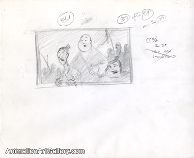Storyboard of Yao, Ling, and Chien Po and some soldiers from Mulan