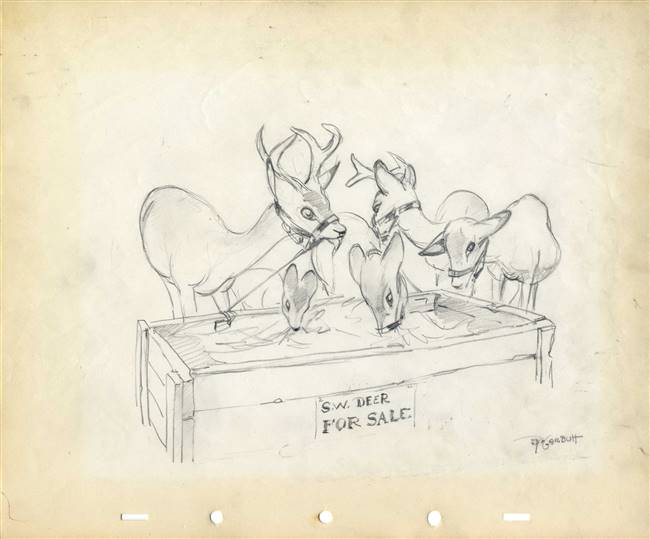Original Gag Drawing of Deer from Walt Disney Studios (1940s)