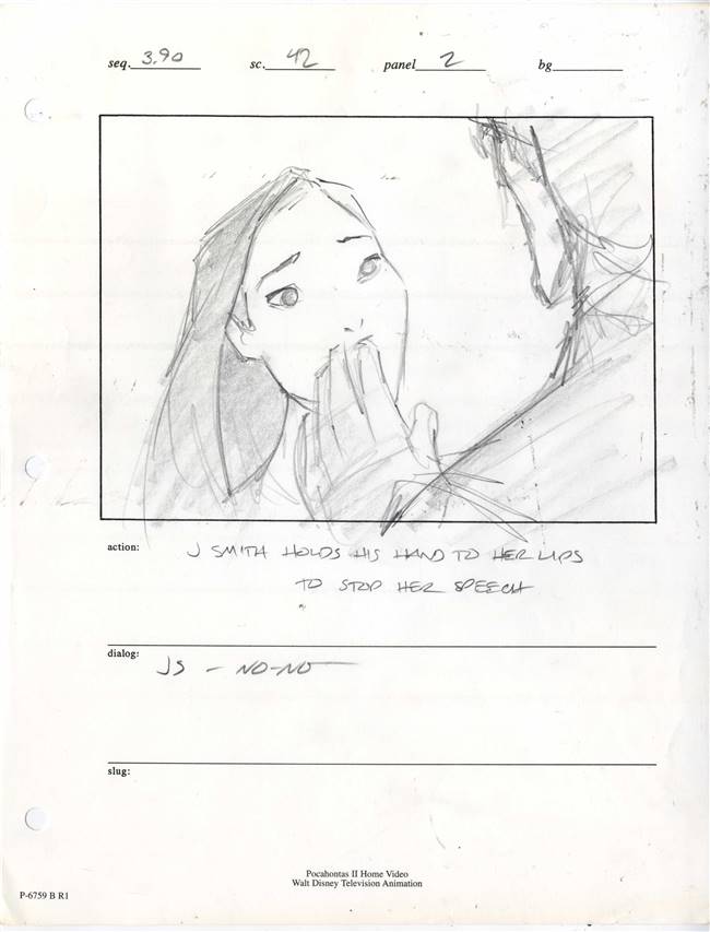 Original Storyboard Drawing of Pocahontas and John Smith from Pocahontas II: Journey to a New World (1998)