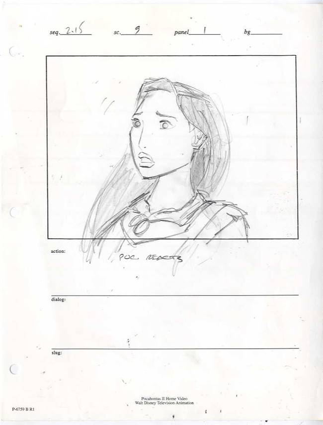 Original Storyboard Drawing of Pocahontas from Pocahontas II: Journey to a New World (1998)