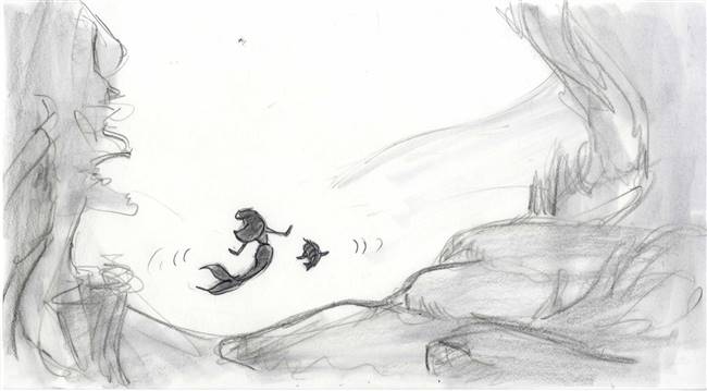 Original Storyboard Drawing of Ariel and Flounder from Little Mermaid: Ariel's Beginning (2008)