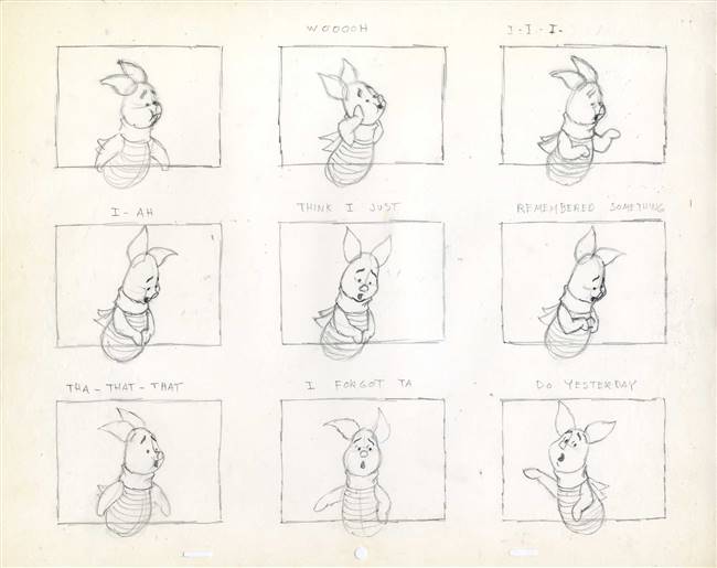 Original Production Storyboard Drawing of Piglet from Walt Disney Studios (1970s/80s)