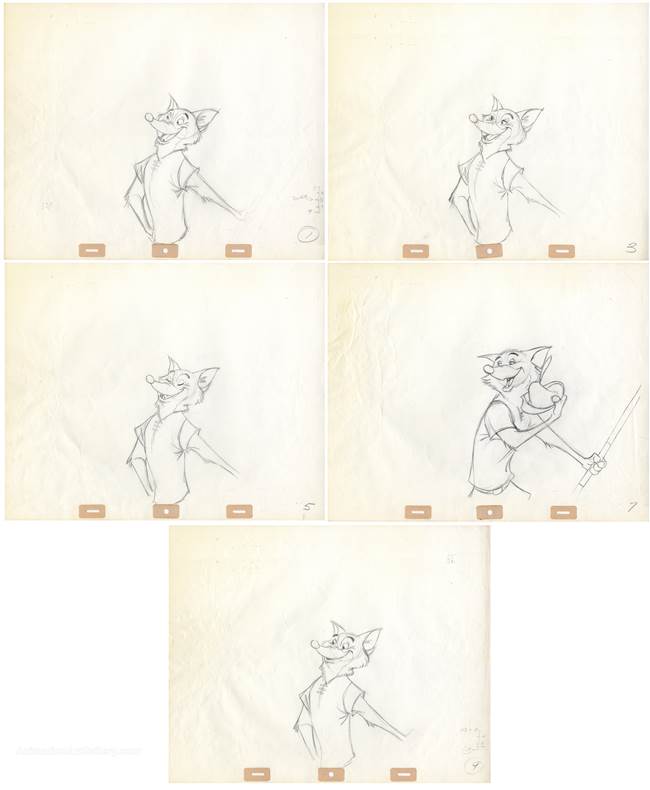 Five Original Production Drawings of Robin Hood from Robin Hood