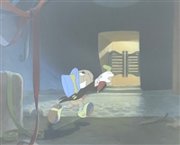 Original production cel of Jiminy Cricket on Preliminary Background from Pinocchio (1940)