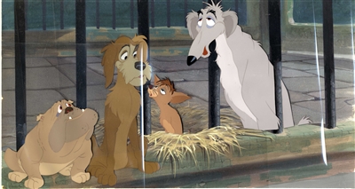 Original production cel  of Pound Dogs on the master background from Lady and the Tramp (1955)