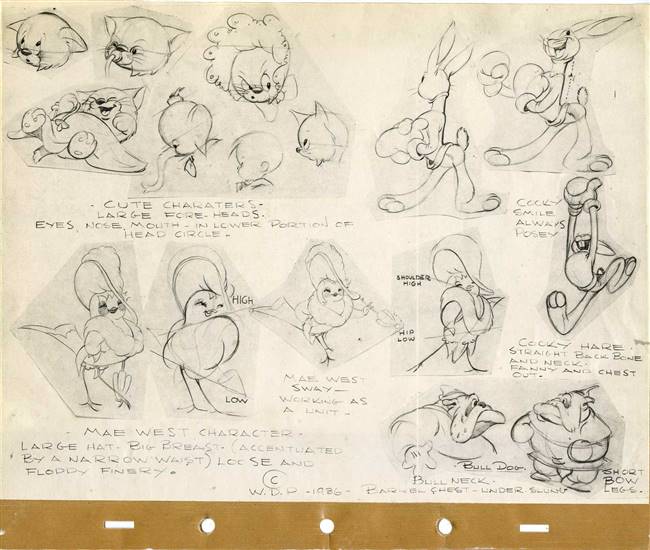 Original Photostat of Mae West as a Bird and Various Characters from Walt Disney Studios (1936)