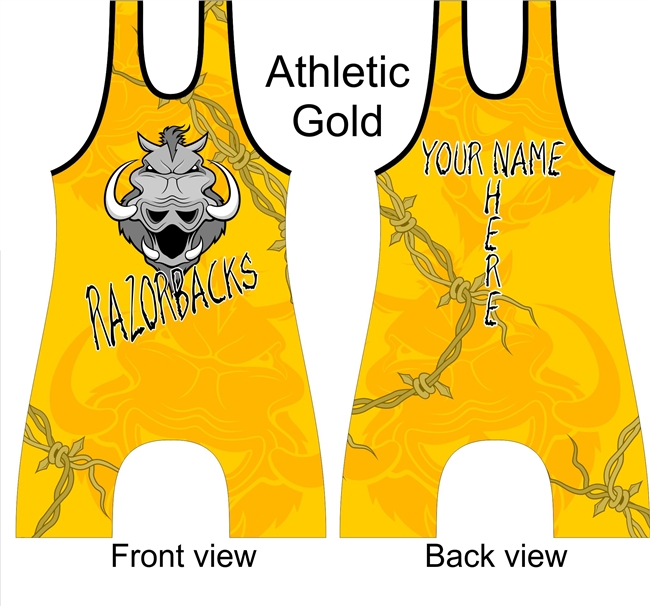 Sublimated wrestling or lifting singlet many colors Razorback mascot