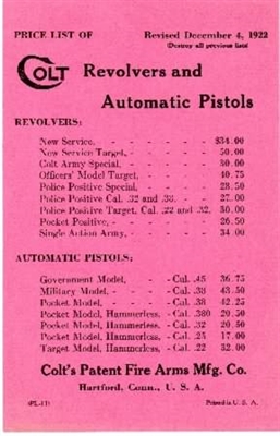 Colt Revolver and Automatic Pistol Price List 1922