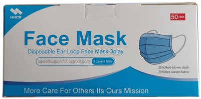 3PLY Disposable Protective Mask with nose clip and Elastic Ear-loop, 3-layers of protection, 50 masks/box; Sold by box of 50.