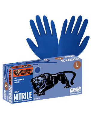 Panther-GuardÂ® Heavyweight Nitrile, Powder-Free, Industrial-Grade, Raised Micro-Diamond Pattern, Blue, 9-Mil, 11-Inch Disposable Gloves - 1005PF