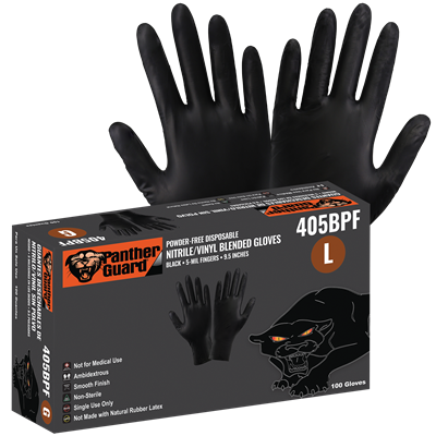 Panther-GuardÂ® Industrial-Grade, Powder-Free, Black Nitrile/Vinyl Blended, 5-Mil, Smooth Finish, 9.5-Inch Disposable Gloves - 405BPF