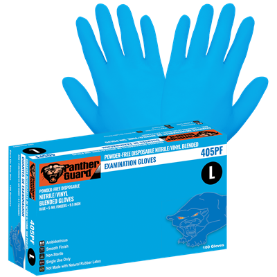 Panther-GuardÂ® Medical-Grade, Powder-Free, Blue Nitrile/Vinyl Blended, 5-Mil, Smooth Finish, 9.5-Inch Disposable Examination Gloves - 405PF