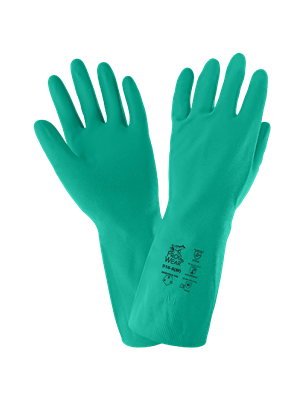 FrogWearÂ® Unsupported, Chlorinated, 13-Inch, 16-Mil, Sea Green Nitrile Gloves with a Bisque Grip Finish - 516