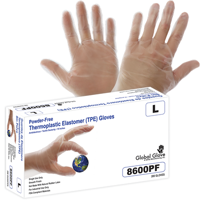 Keto-Handler Plus - Industrial-grade disposable gloves, powder-free, clear thermoplastic elastomer (TPE), lightweight 2-mil thickness, smooth finish, 10-inches long, ambidextrous.  FDA compliant.  200 gloves per box, 10 boxes per case.  Sold by the case.