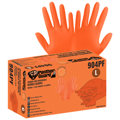 Panther-GuardÂ® High-Visibility Orange Nitrile, Powder-Free, Industrial-Grade, Raised Diamond Pattern, 6-Mil, 9.5-Inch Disposable Gloves - 904PF