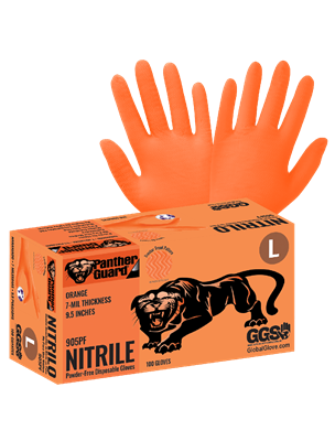 Panther-GuardÂ® Heavyweight Nitrile, Powder-Free, Industrial-Grade, High-Visibility Orange, 7-Mil, Tractor Tread Pattern, 9.5-Inch Disposable Gloves - 905PF